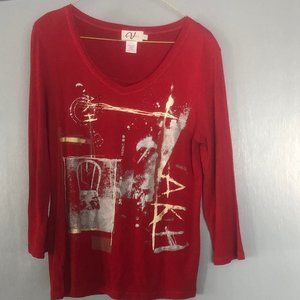 Vintage 90s red Variations top rhinestones bling size Small 3/4 sleeves